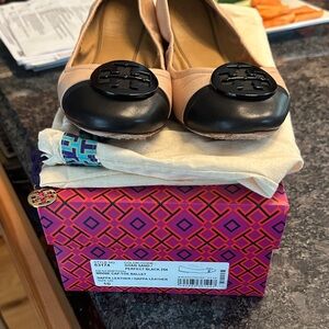 Tory Burch Minnie Cap Toe Ballet Flats Sand and Black